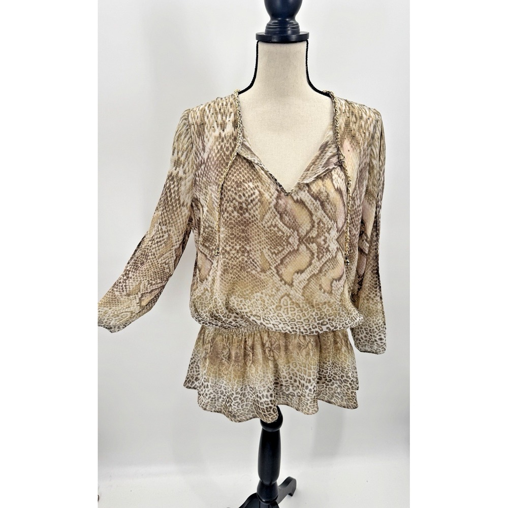 VTG Y2K Cache Snakeskin Sheer Peplum Top Large Tassel Deep V-Neck Slit Sleeve